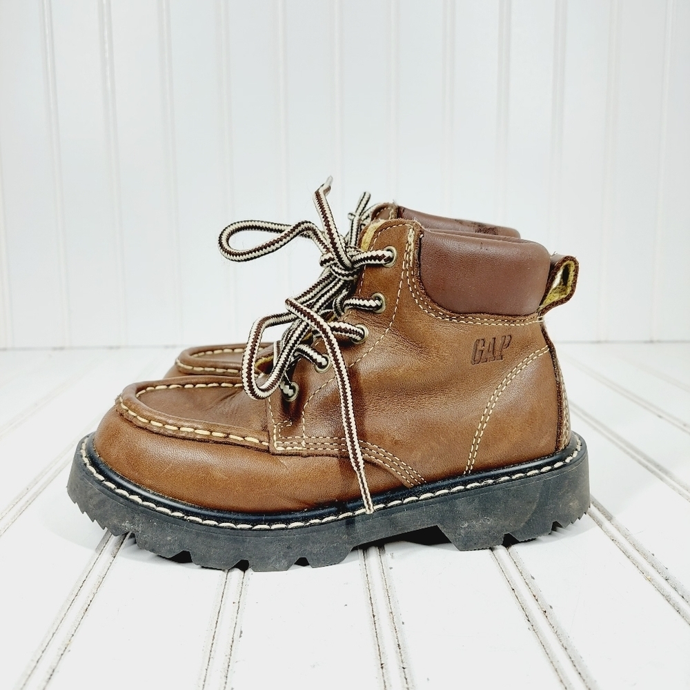 GAP Brown Leather Lace Up Kids Statement Stitching Comfy Boots A276 - Picture 1 of 12